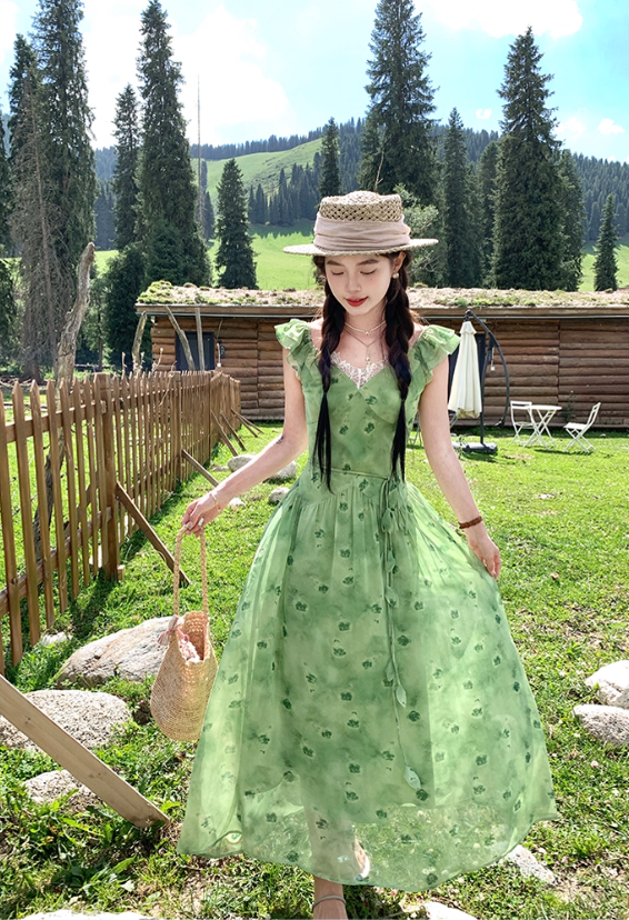 Green long v-neck small flying sleeve waist suspender dress summer temperament skirt R4906