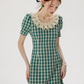 French style green plaid dress summer retro short skirt R2764