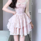 Pink floral dress beautiful niche waist puffy short skirt R0745