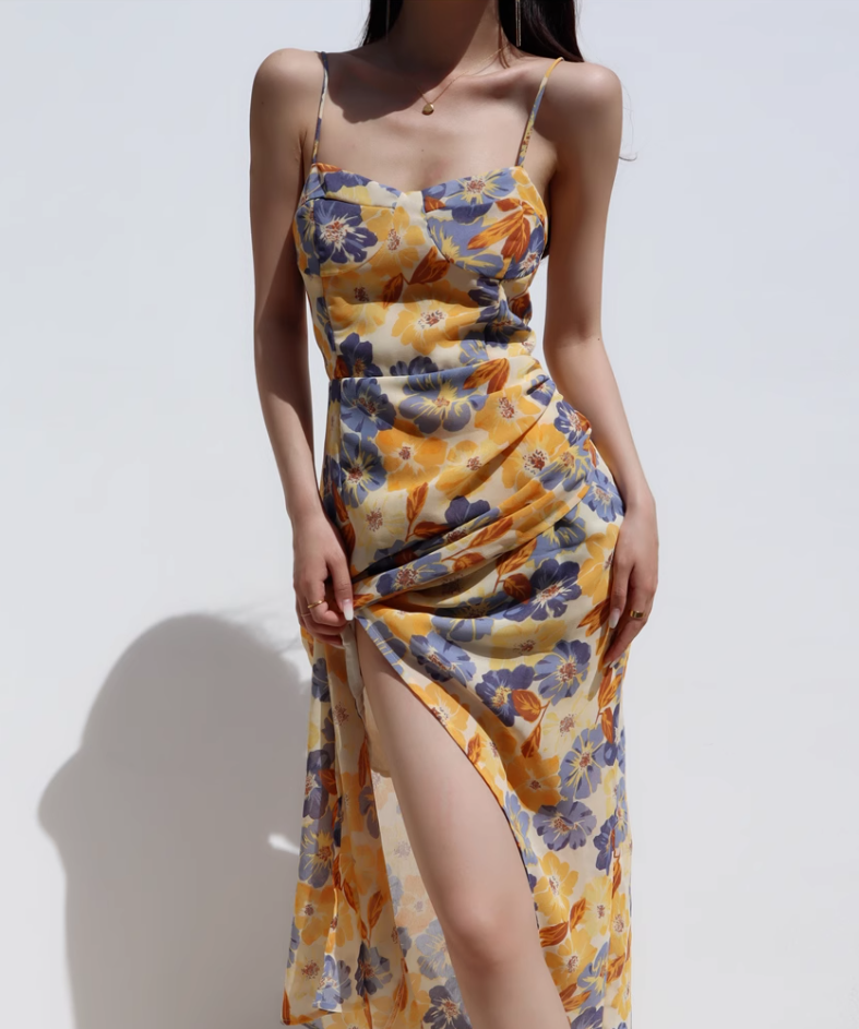 French retro slim fit dress with side slit and waist cinching for slimming effect, long suspender dress R2867