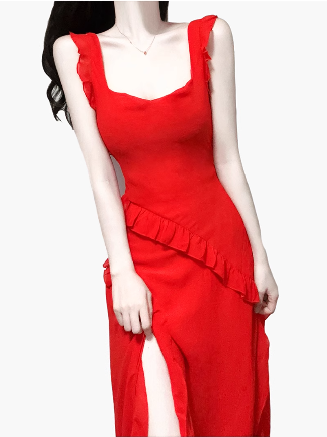 2025 summer new red irregular sexy ruffled seaside holiday dress R0980