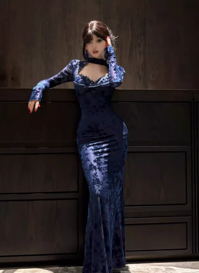 New Chinese style lace hollow dress 2025 hot girl waist hip fishtail long skirt R1362