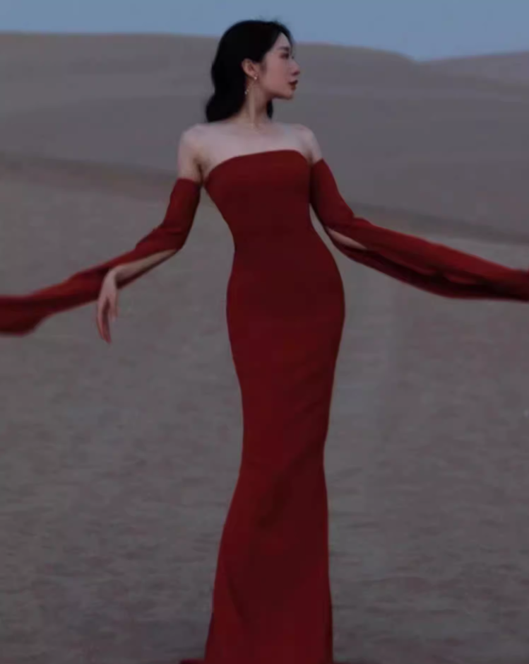 Travel photo skirt red dress desert travel outfit black ribbon evening dress long skirt R1566