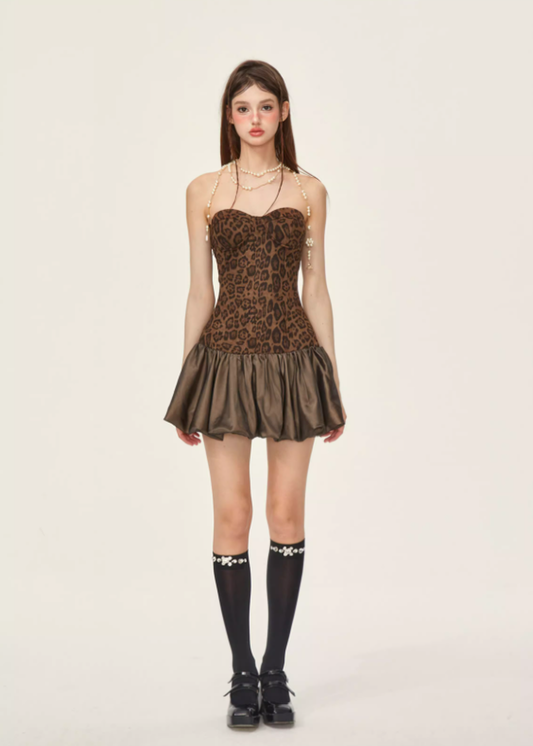 Hot girl wears sexy off-shoulder flower bud tube top tutu skirt leopard print dress R5215