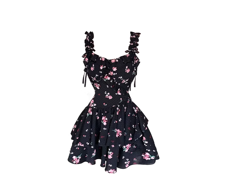 French retro black floral dress for women in summer with small temperament waist suspender skirt R0026