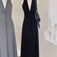 Black V-neck halter dress long skirt twist waist backless temperament A-line skirt R2089