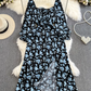 Gentle style long sleeves square neck waist slimming slit A-line print dress elegant long skirt R0355
