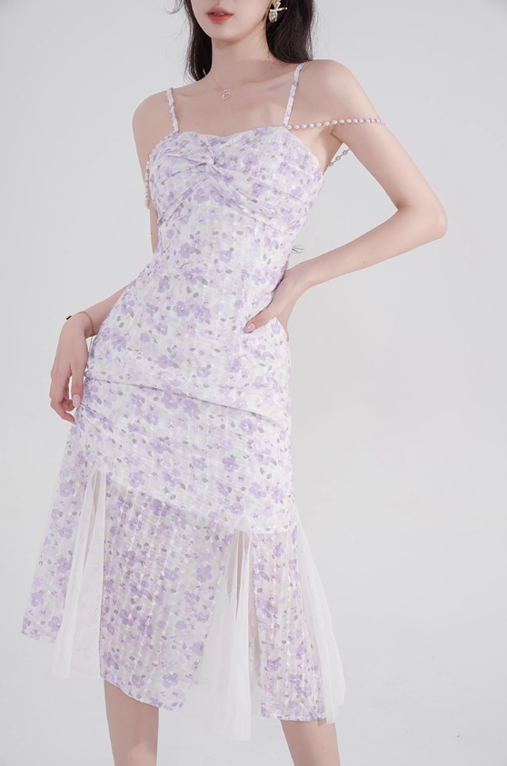 French design niche fishtail skirt sweet pure desire mid-length skirt purple floral suspender dress R4145