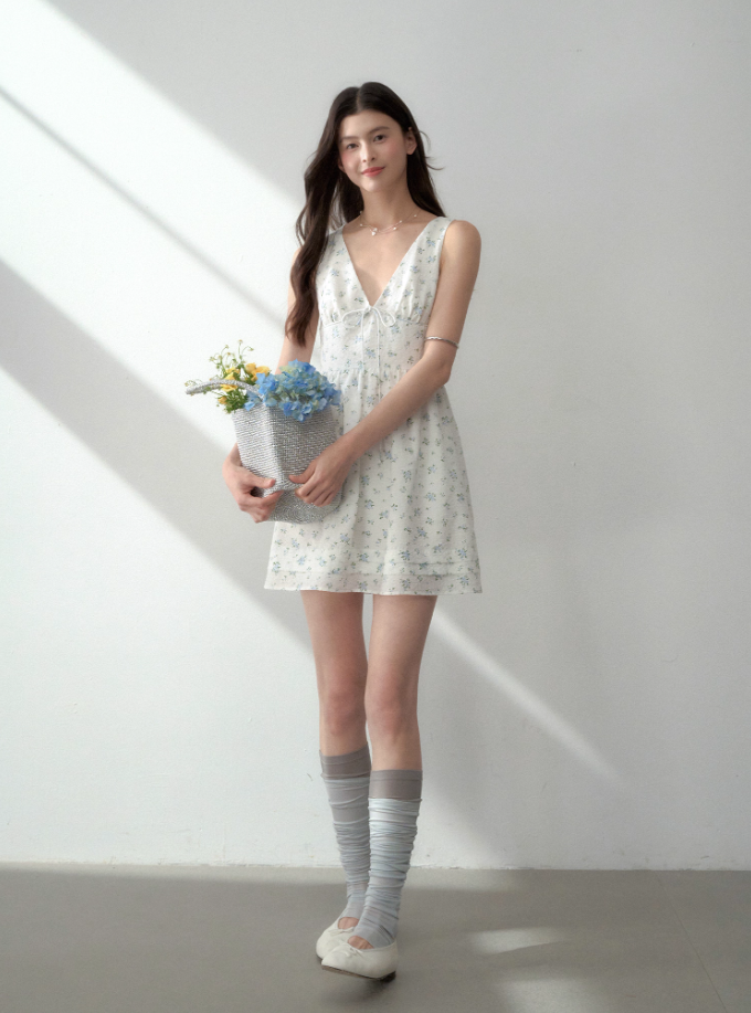 Tencel bow tie V-neck vest dress summer sweet playful midi dress R3332