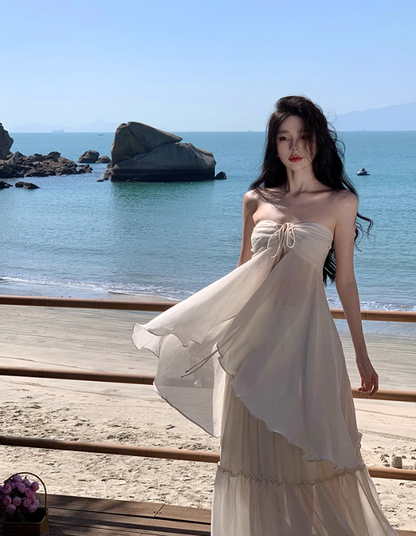 French retro atmosphere super fairy vacation sexy tube top halter neck suspender long dress R0190