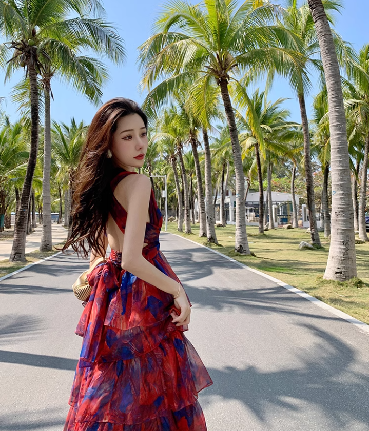 Green halo halter neck backless dress for seaside vacation R1597