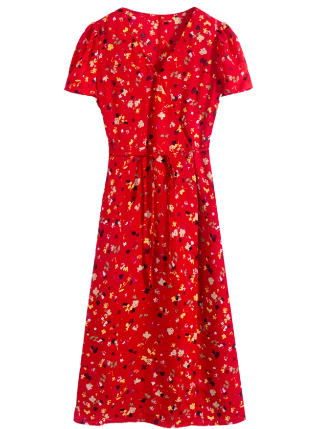 2025 Summer New Red Floral V-neck Wrap One-piece Tea Break Short Sleeve Dress R0948