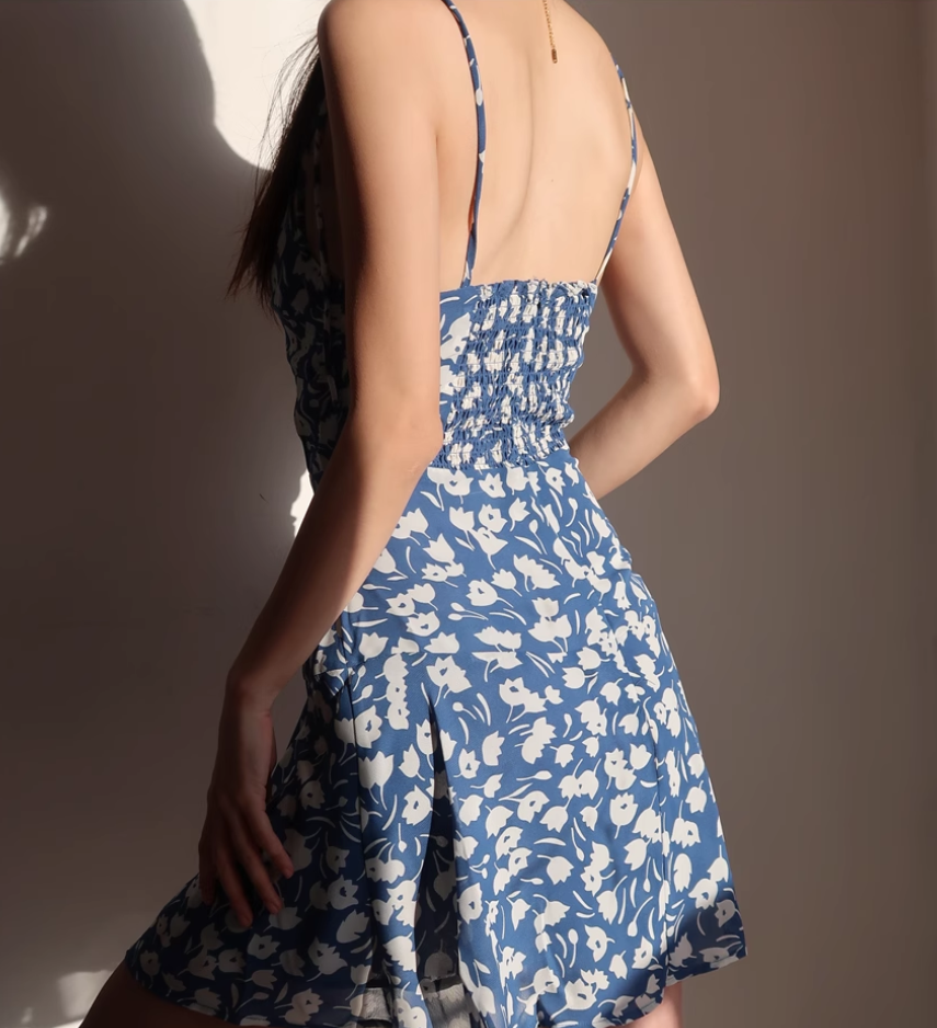 Retro girl slim fit floral dress waist suspender dress short skirt R2824