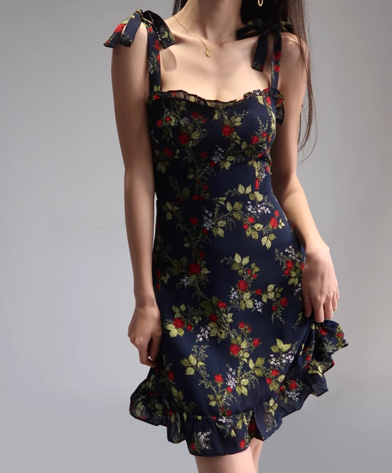French style black floral suspender skirt retro wood ear high waist dress A-line short skirt R2860