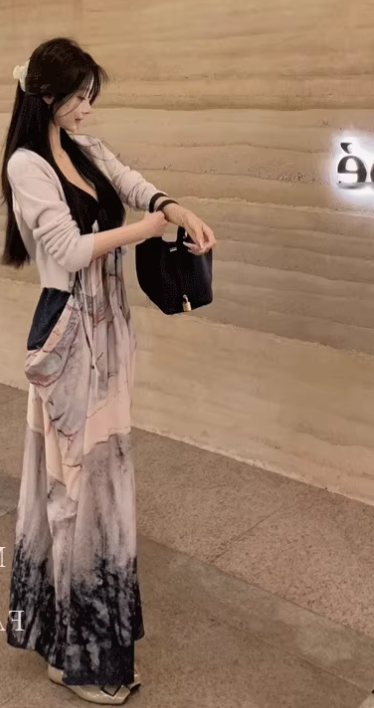 Ink print dress sexy backless holiday design sling sexy V-neck lazy skirt R1489