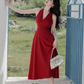 Retro wine red sling halter neck dress temperament waist high-end dress R1496