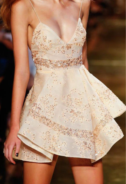 Champagne strappy diamond-studded low-cut sexy waist A-line short skirt homecoming dress R3514