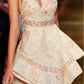 Champagne strappy diamond-studded low-cut sexy waist A-line short skirt homecoming dress R3514