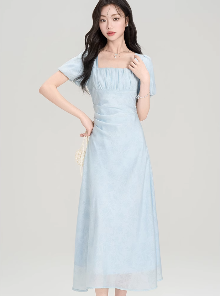 Tea break French style square neck puff sleeve dress new style chic sweet waist skirt R2376