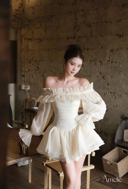 White gentle style one-shoulder lace A-line slim fit tutu skirt homecoming dress R2432