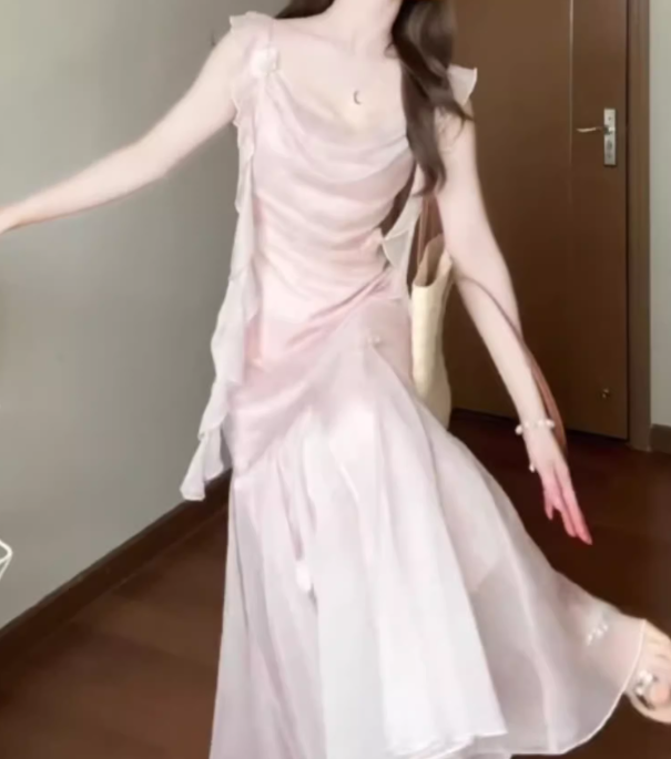 Pink small flying sleeve dress beautiful fairy dress medium length R0700