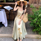 Printed suspender dress Chinese style women's clothing small size big swing v-neck long dress R1708