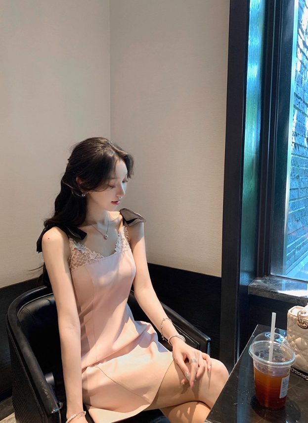 Pink suspender dress popular Korean style temperament daughter short skirt R4383