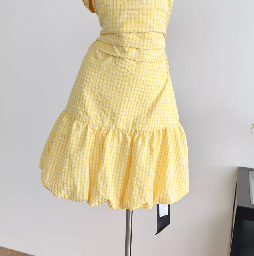 Off-shoulder yellow plaid bud texture A-line elastic waist dress R2065