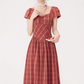 French retro square collar plaid dress new style waist slim long skirt temperament high-end R2372