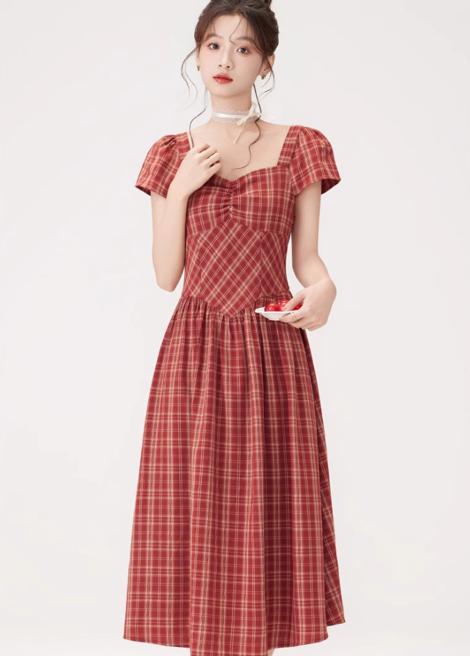 French retro square collar plaid dress new style waist slim long skirt temperament high-end R2372