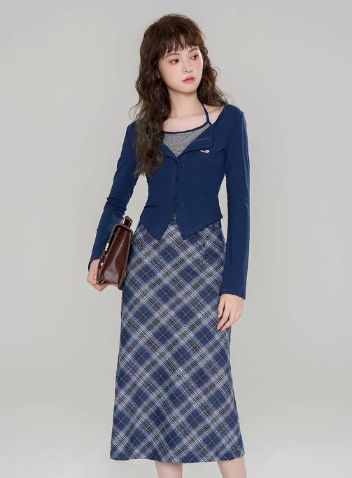 American retro college style new knitted sweater top skirt two-piece suit R2390