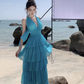 Blue seaside holiday long dress cake dress halter neck backless dress waist beach dress R1589