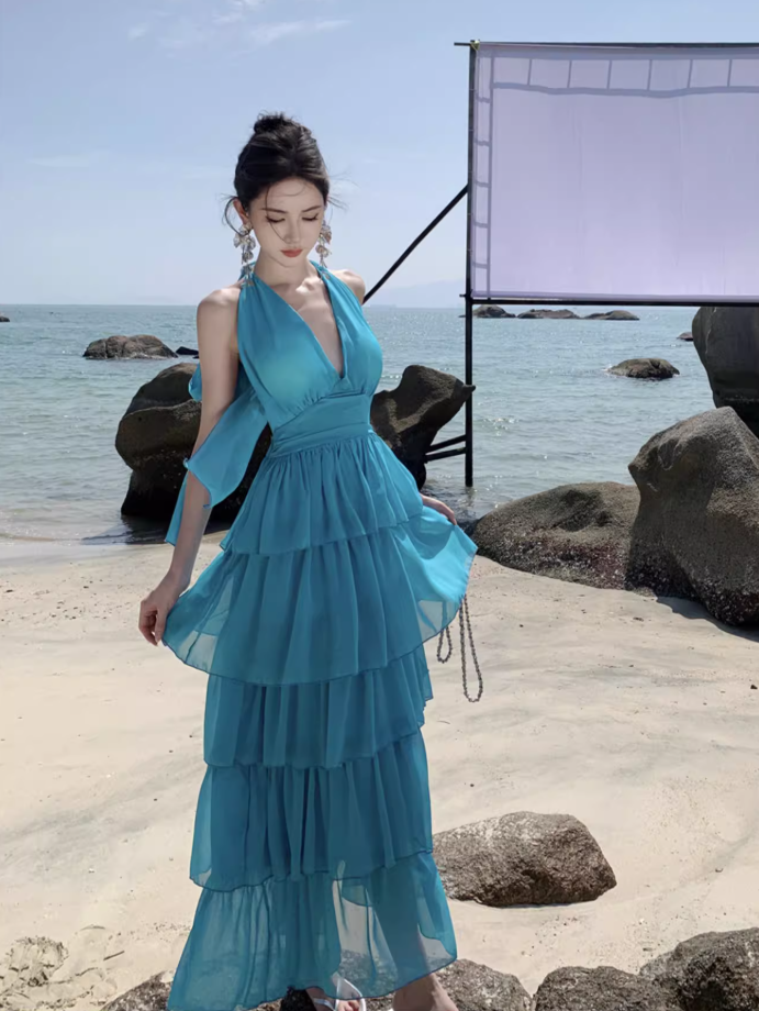 Blue seaside holiday long dress cake dress halter neck backless dress waist beach dress R1589