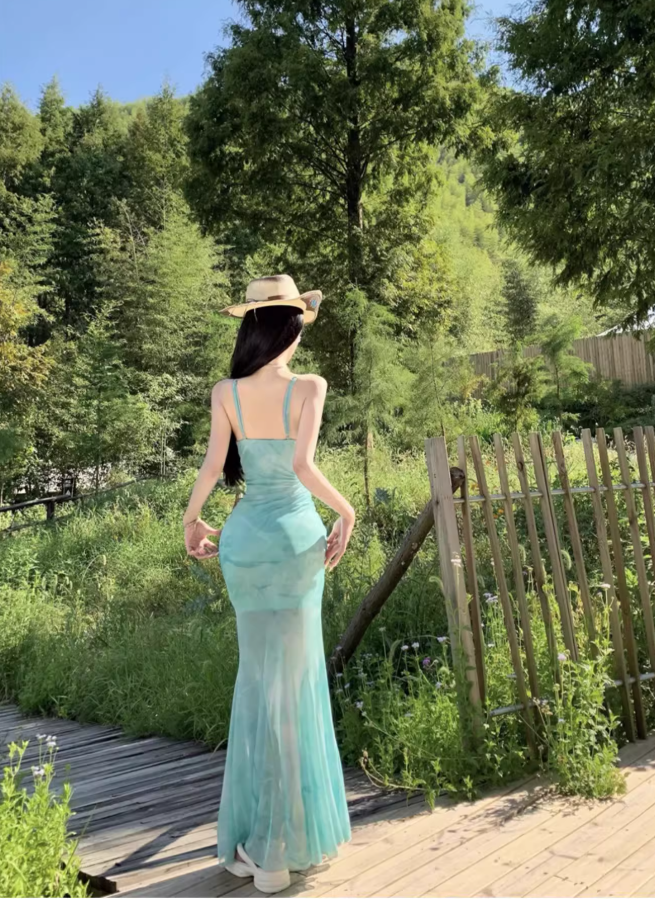 Beautiful step by step lotus fishtail dress sexy temperament holiday show figure suspender skirt R1568