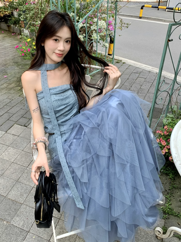 Beautiful outfit set: blue polka dot irregular tube top, mesh ruffle skirt, two-piece set R1720