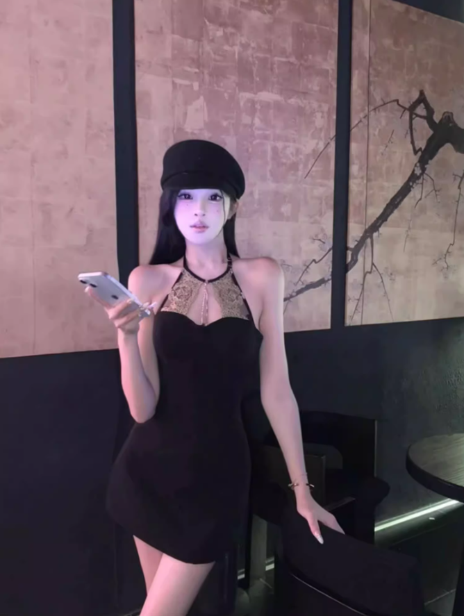 Sexy hot girl black and gold sleeveless halter dress pure desire style waist A-line short skirt R1271