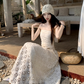 Gentle white moonlight dress hollow embroidery unique waist skirt wear tube top skirt R1704