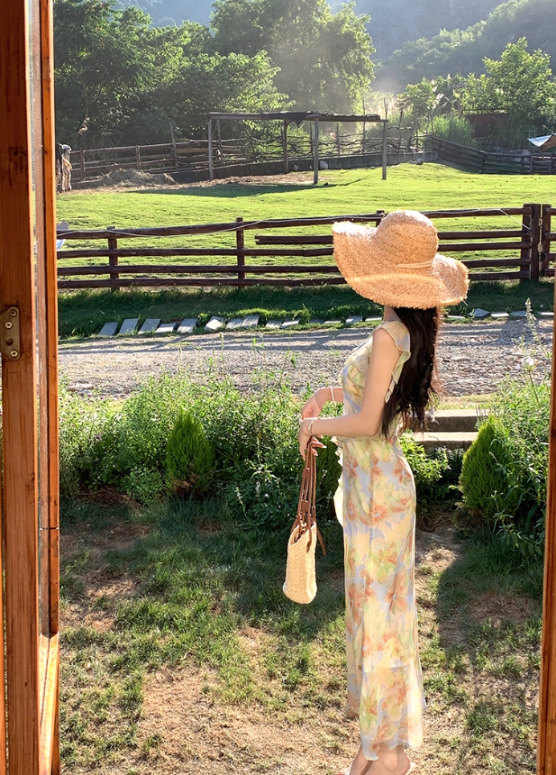 Romantic vacation floral ruffled V-neck dress for women, new style waist slimming long dress R4376