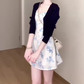 Gentle temperament blue suspender dress beautiful unique waist A-line short skirt R0861