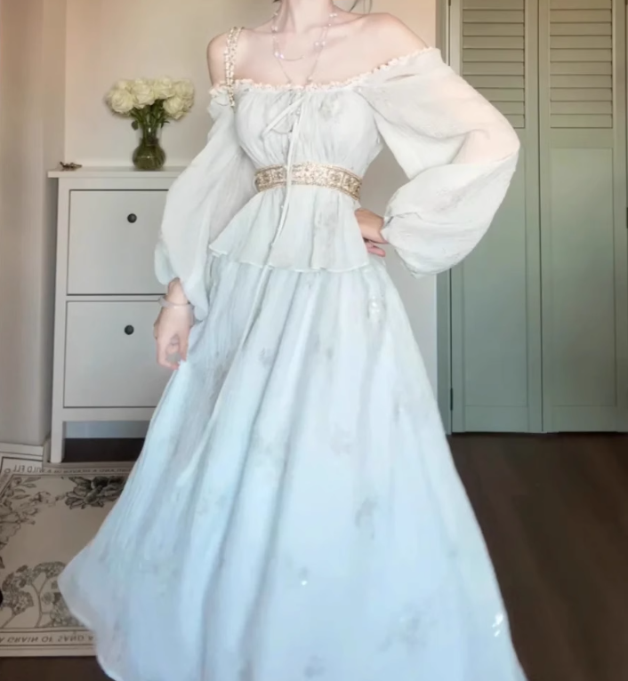 Gentle temperament blue one-shoulder dress beautiful waist A-line long skirt R0666