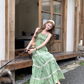 Green long round neck sleeveless suspender dress women's summer French temperament skirt R4742