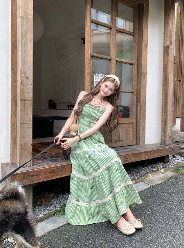 Green long round neck sleeveless suspender dress women's summer French temperament skirt R4742
