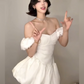 French style white one shoulder dress female temperament waist princess flower bud puffy skirt R3595