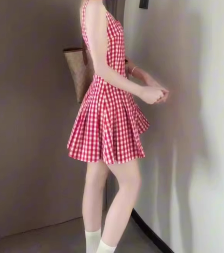 Retro red plaid suspender dress gentle temperament waist A-line short skirt R0791