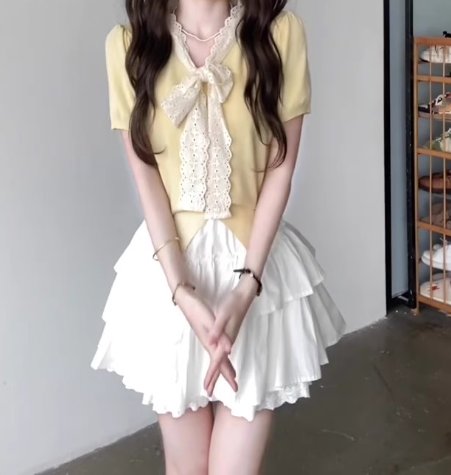 Suit skirt gentle temperament beautiful short-sleeved T-shirt A-line short skirt two-piece suit R0823