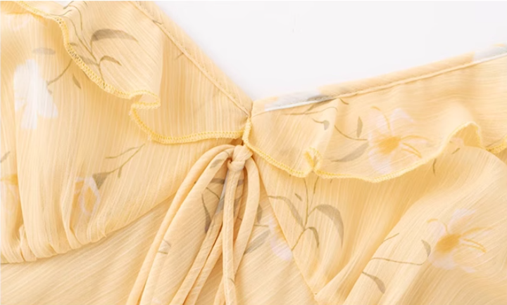 French holiday style yellow long floral sling waist slimming dress R2656