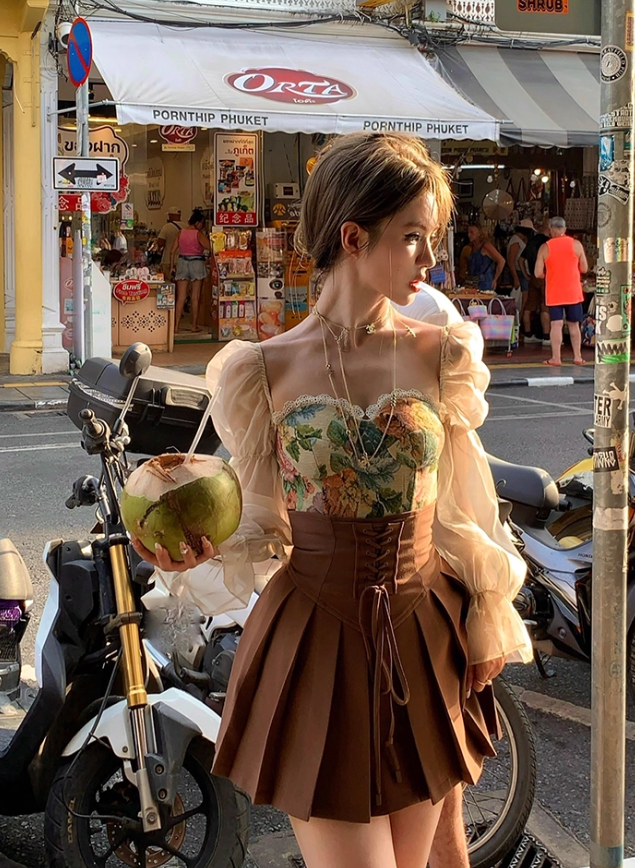 Short square collar shirt high waist A-line skirt suit French two-piece suit R4990