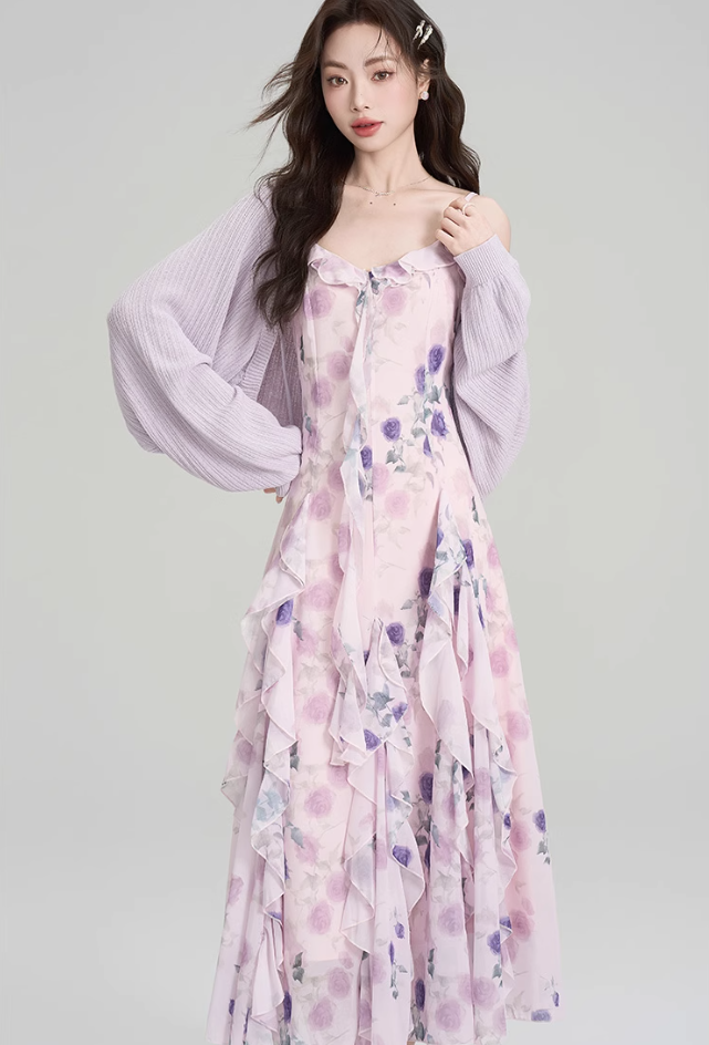 French holiday style dress summer ruffled floral suspender skirt with cardigan suit R2365