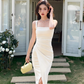 French square neck waist hip dress high waist sleeveless slim suspender dress slit long skirt R1433