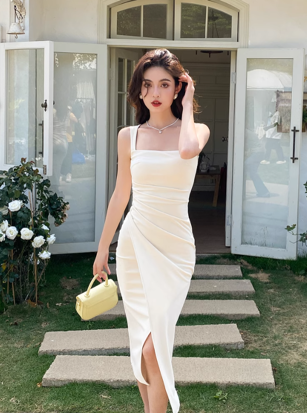 French square neck waist hip dress high waist sleeveless slim suspender dress slit long skirt R1433